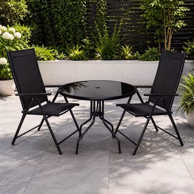 Samuel Alexander Outdoor 2 Person Round Glass Top Garden Dining Table and Chairs Set in Black – 1