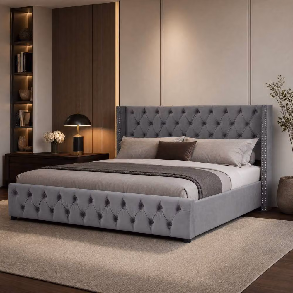 STILVORA Grey Velvet Upholstered King Size Bed with Lift-Up Storage W/D/H: 150 x 200 x 300 cm – 2