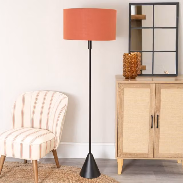 ValueLights Mitch Triangle Floor Lamp with Fabric Drum Shade in Rust and Black
