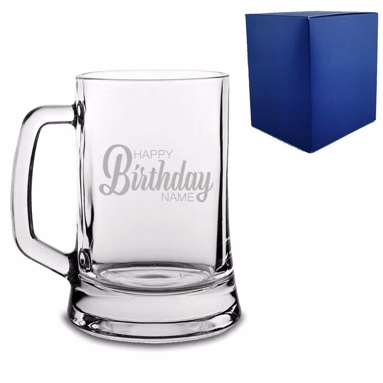 Uniqueful Personalised Happy Birthday Engraved Glass Beer Mug Tankard in Clear