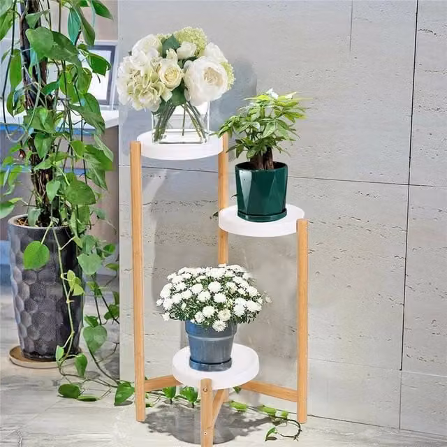 KORVIXA 3 Tier Round Indoor Corner Bamboo Plant Stand with Planter in Natural Beige, Height: 80 cm, Width: 80 cm, Depth: 80 cm – 1
