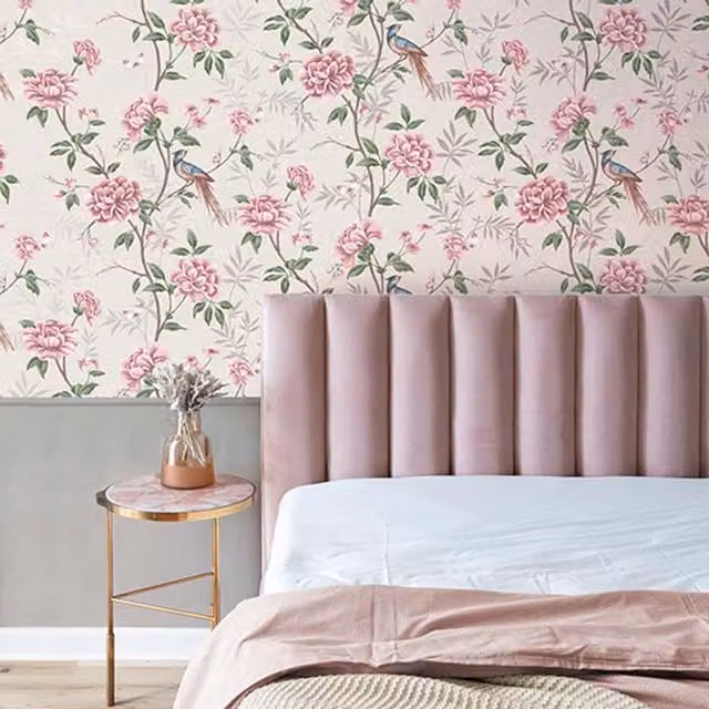 Crown Akina Floral Botanical Wallpaper in White, Pink and Green