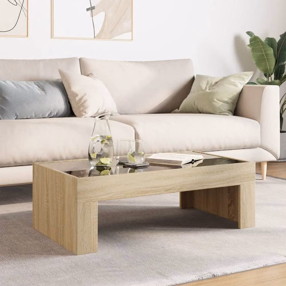 Berkfield Home Infinity LED Decorative Coffee Table in Sonoma Oak and Light Tan, W: 90 cm, D: 50 cm, H: 30 cm – 2