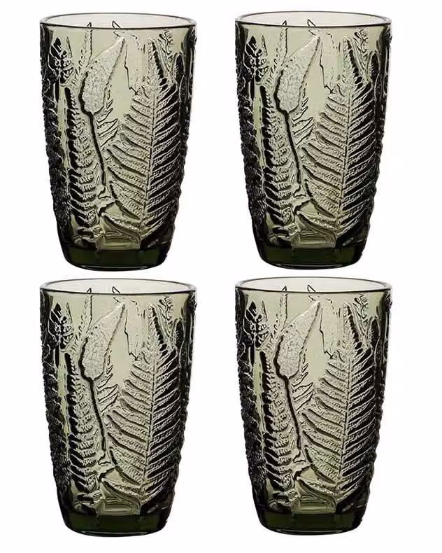 Dibor Set of 4 Green Leaf Embossed Tall Highball Drinking Glass Tumblers, 350ml per glass – 2