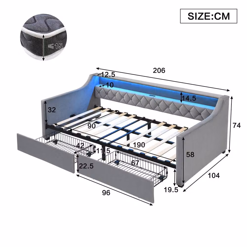 ModernLuxe Upholstered Single Daybed in Grey with LED Under-Bed Lighting, USB Charging Port and 2 Drawers, W/D/H: 90 x 190 x 39.5 cm – 3