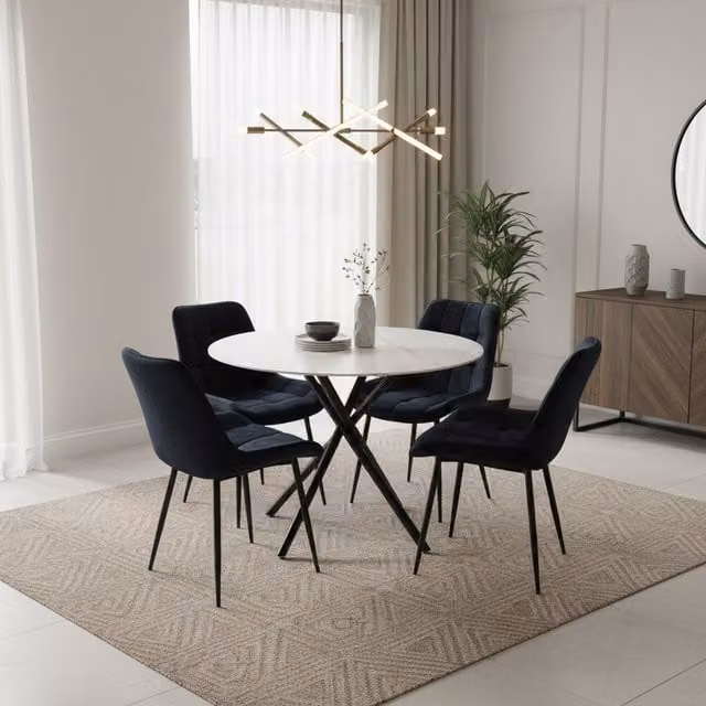 Madefor.living Seattle Round Marble Dining Table with 4 Erica Velvet Chairs in Black