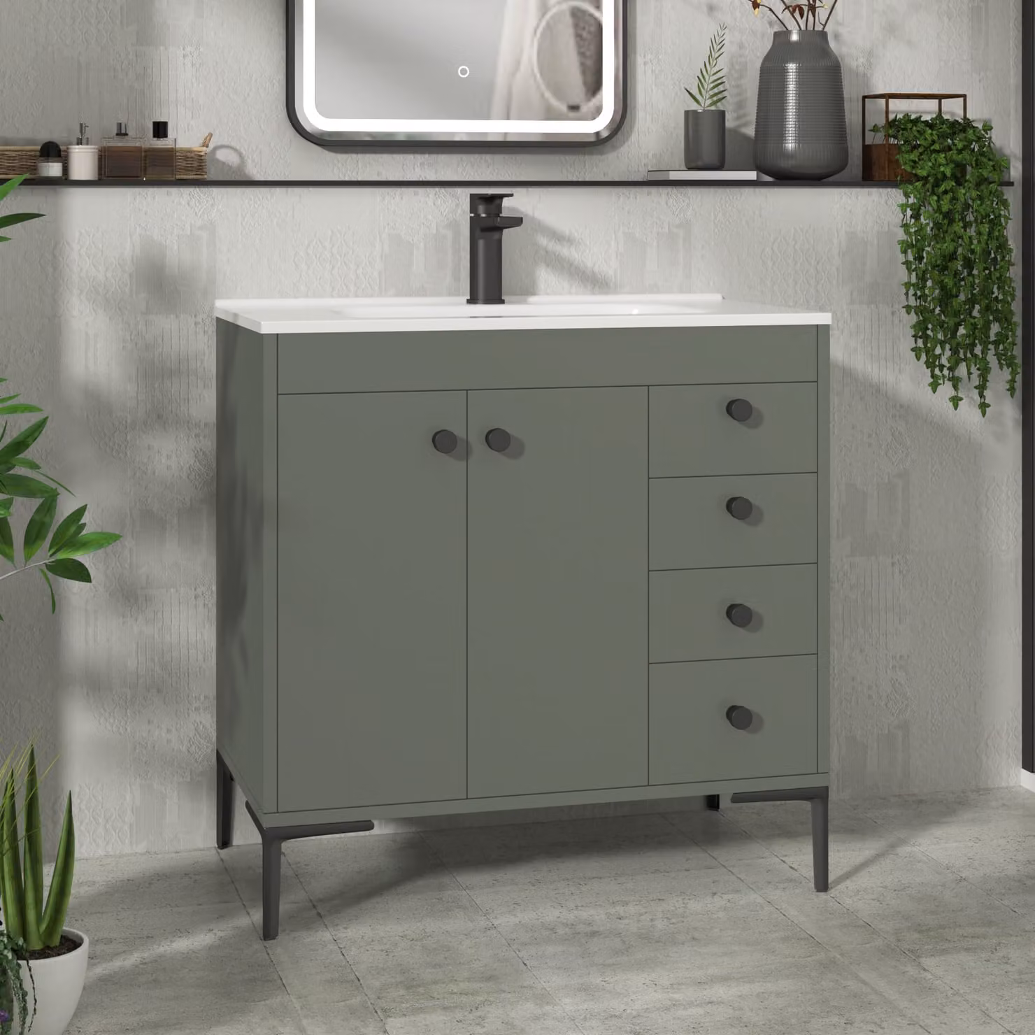 Royal Bathrooms Verona Matt Green Floor Standing Bathroom Vanity Unit with Ceramic Basin, 2 Doors and 4 Drawers