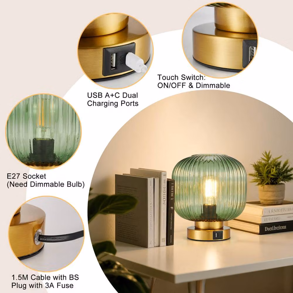 Harper Living Dimmable Touch Control Table Lamp with Green Glass Dome Shade and Gold Brass Base – 4