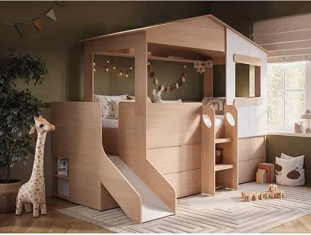 Flair Furnishings Dreamland House Midsleeper Bed with Slide, Stairs and Storage in Oak and White – 1