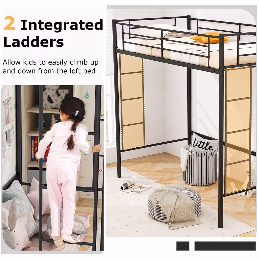 Gymax Metal Loft Bed Frame with Safety Guardrail in Black – 4