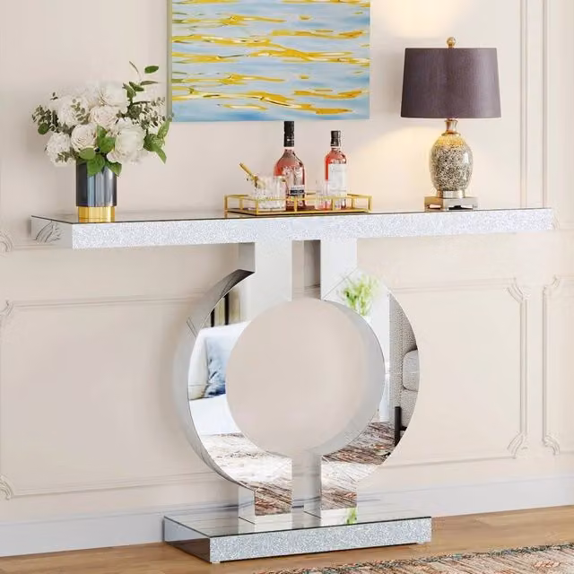 PAWNORA Modern Silver Mirrored Glass Console Table with Geometric Base, Width: 110 cm – 1