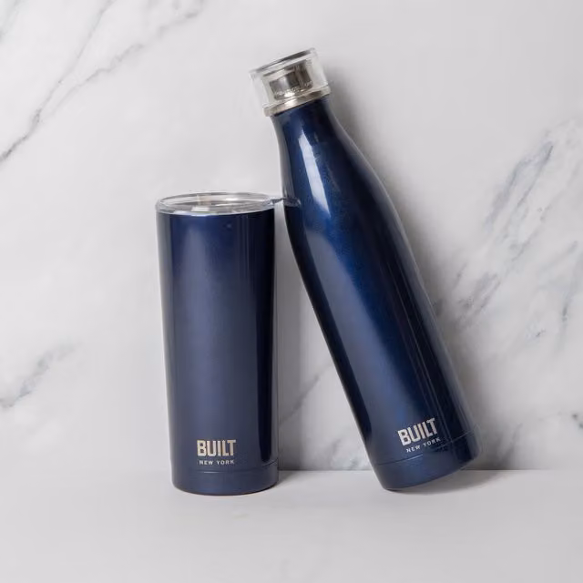 BUILT Midnight Blue Vacuum Insulated Stainless Steel Bottle 740ml and Travel Mug 590ml Set