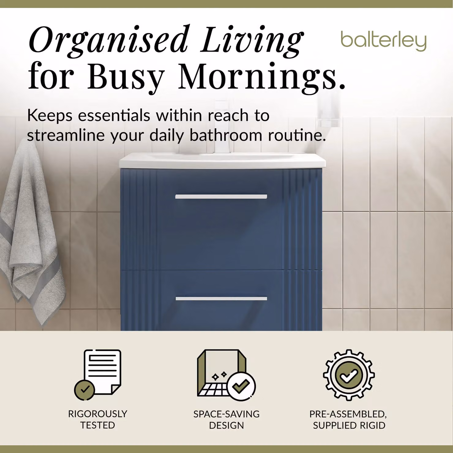 Balterley Wall Hung 2 Drawer Vanity Unit with Curved Basin, Satin Blue – 2