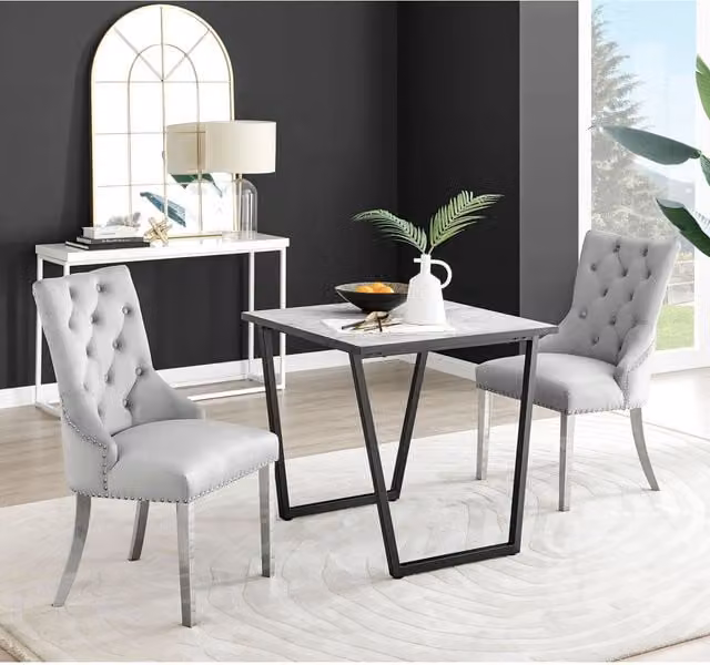 FurnitureboxUK Carson White Marble Effect Square Dining Table and 2 Belgravia Chairs in Grey