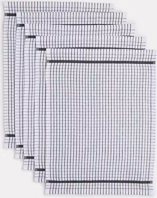 M&S Set of 5 Checked Terry Tea Towels in Grey and White with Hanging Loops