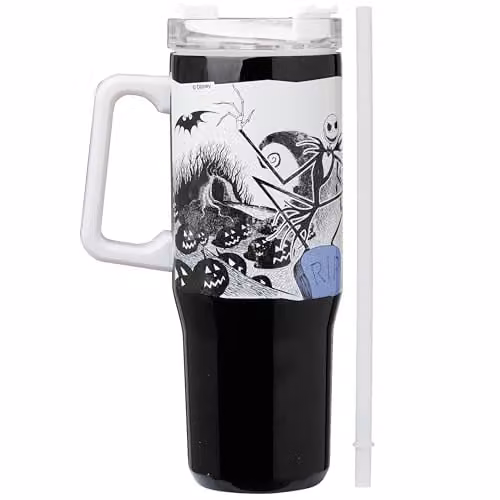 Disney Nightmare Before Christmas Insulated Stainless Steel Tumbler with Straw, Black and White, 940 ml