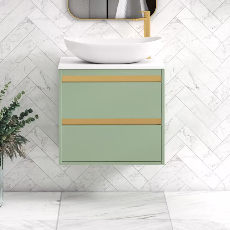 Royal Bathrooms Orion 600mm Wall Hung Vanity Unit in Mint Sage with White Cesar Basin and Brushed Brass Accents