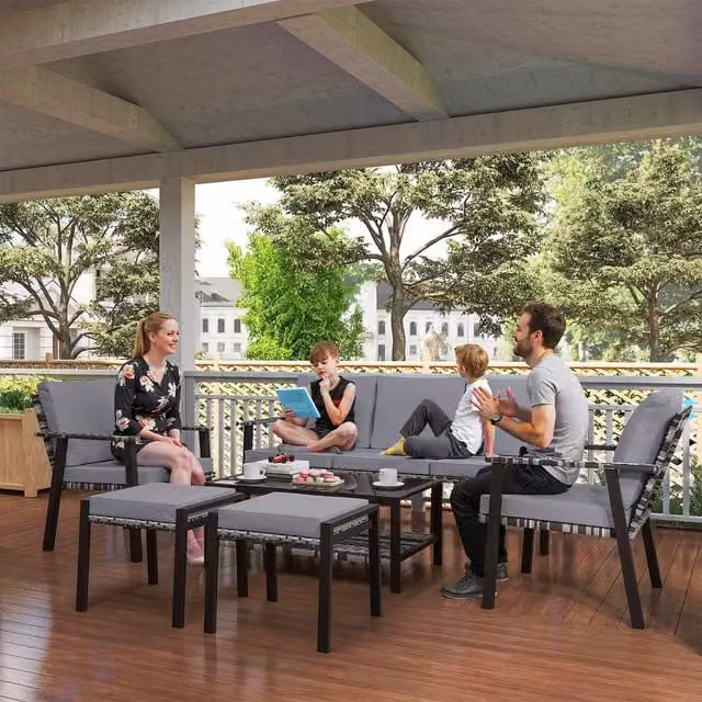 Outsunny 5 Piece Modern Grey Rattan Garden Furniture Set with Footstools