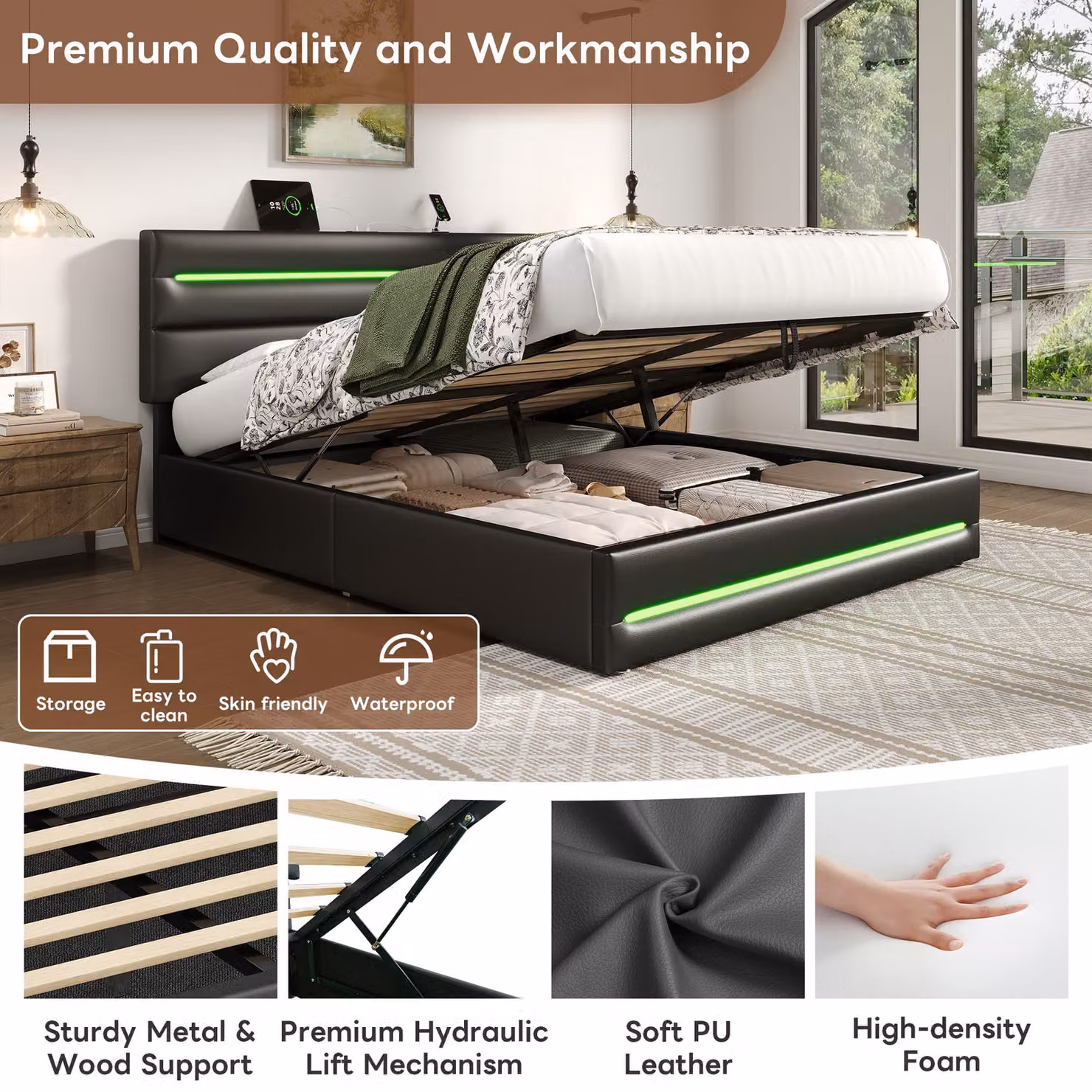Aosom UK King Upholstered Bed Frame with Hydraulic Storage, LED Lights and USB Ports, Black, W: 160 cm, D: 210 cm, H: 110 cm – 4