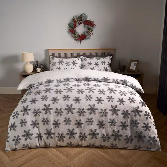 OHS Glitter Tufted Snowflake Teddy Sherpa Duvet Cover Set, Grey and White, W: 140 cm, L: 200 cm