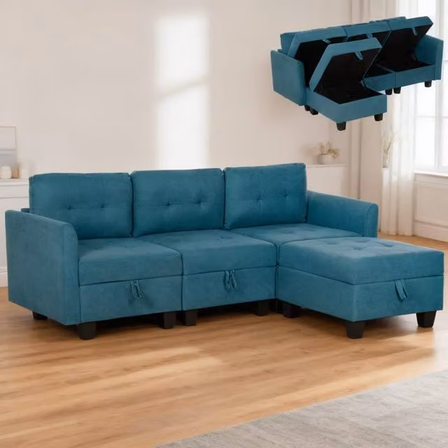 ERGOVEXA L-Shape Modular Sofa in Blue with Storage and Reversible Fabric Upholstery, W/D/H: 213.0 x 158.0 x 85.0 cm – 1