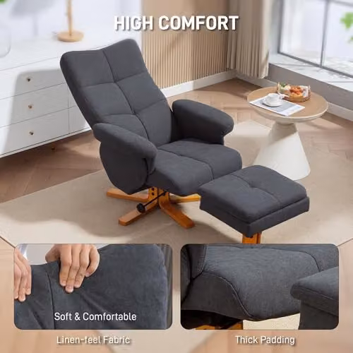 HOMCOM Grey Fabric Swivel Recliner Chair with Storage Ottoman and Solid Wood Frame – 6