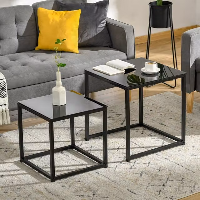 HOMCOM Nest of 2 Square Side Tables with Glossy Black Metal and Glass Tops