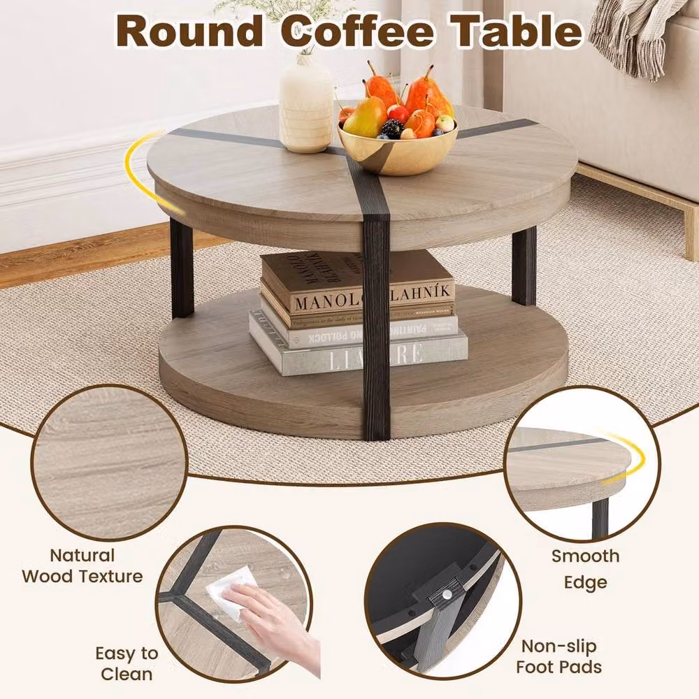 FLAVORA Round 2-Tier Oak and Rubberwood Coffee Table in Brown – 2