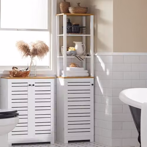 SoBuy Tall Slim Freestanding Bathroom Storage Cabinet in White with Open Shelves and Hinged Doors, W: 40 cm, D: 30 cm, H: 160 cm – 2
