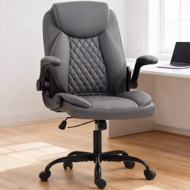 ERGOVEXA Faux Leather Office Chair with Flip-Up Armrests, Charcoal Grey