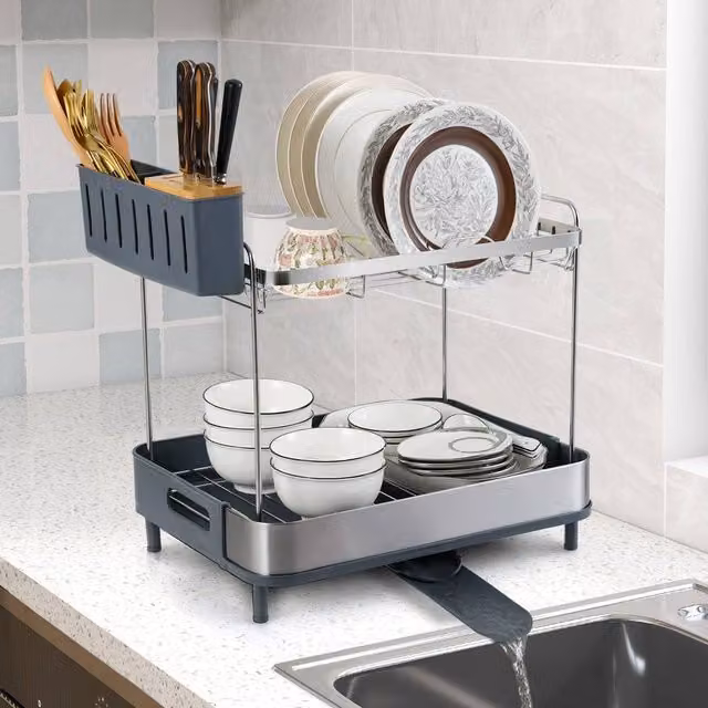 Costway 2-Tier Stainless Steel Dish Drying Rack with Cutlery Holder and Drip Tray in Silver and Multicolour – 1
