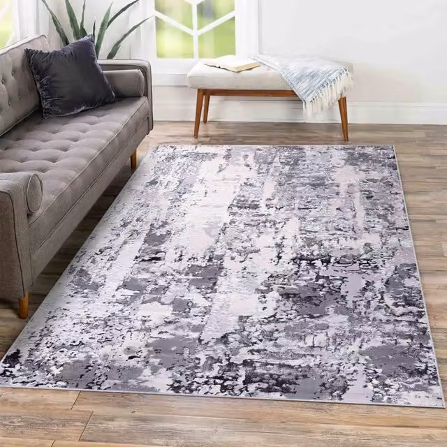 Serdim Rugs Emperor Styra Modern Grunge Abstract Rectangular Area Rug in Silver, W: 200 cm, D: 290 cm