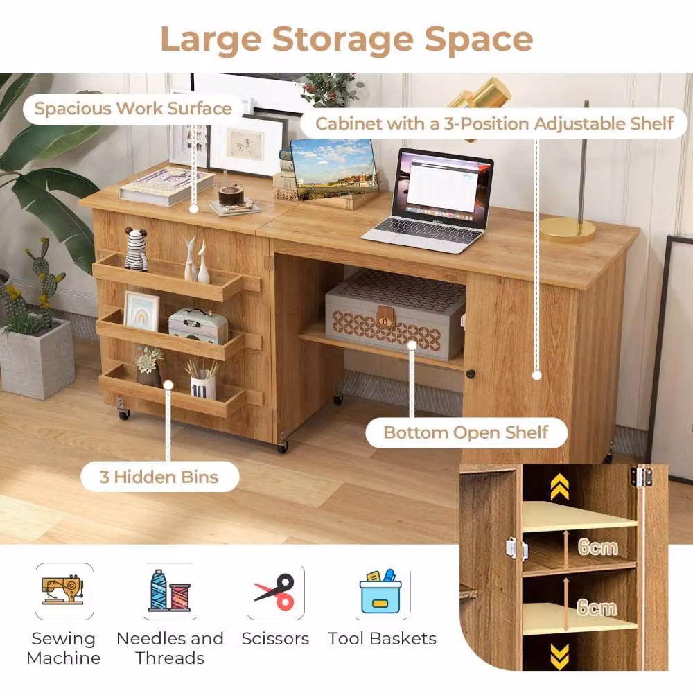 Costway Large Foldable Sewing and Craft Table with Drop Leaf and Lockable Casters in Natural Brown – 4