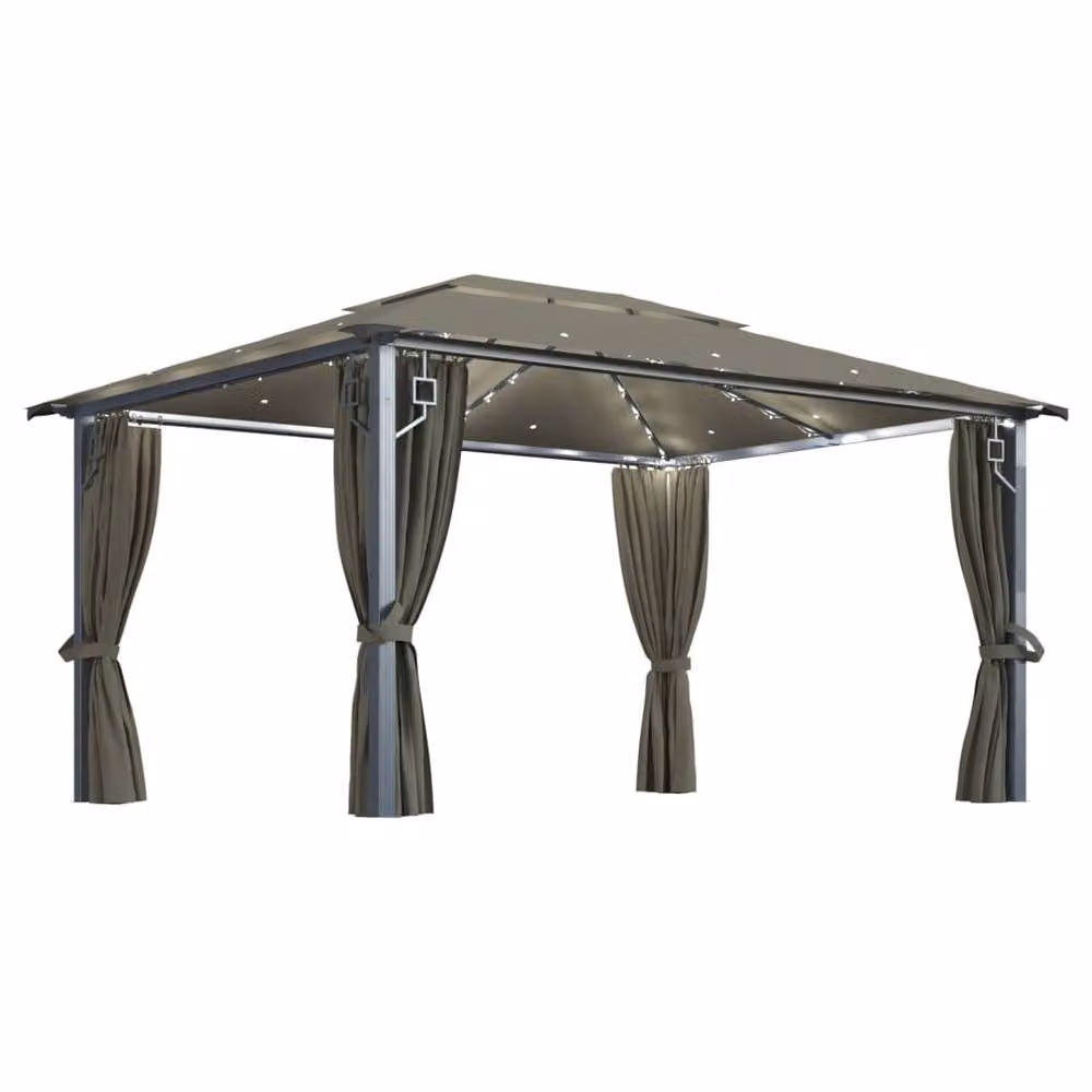 Berkfield Home Aluminium Gazebo with Curtains and LED String Lights, Taupe, W: 400 cm, D: 300 cm, H: 270 cm – 3