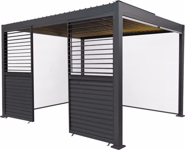 Monster Shop Grey Aluminium Pergola with Blinds, 2 Side Panels and LED Lights, W: 390 cm, D: 300 cm