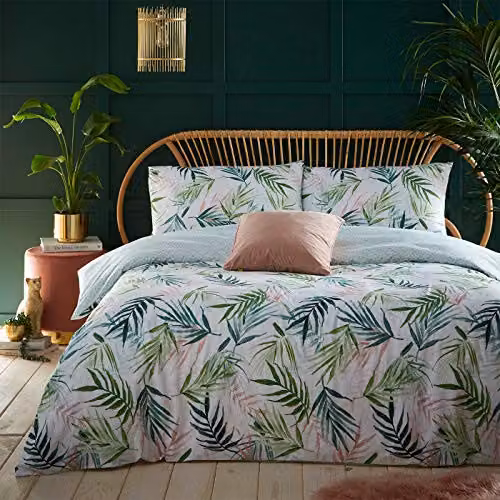 Riva Home Bali Palm Reversible Botanical Duvet Cover Set in Green and Pink, W/D/H: 180 x 200 cm with Pillowcases 50 x 75 cm