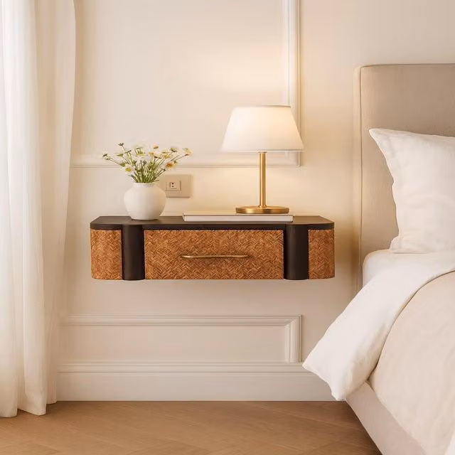 Artisan Furniture Solid Mango Wood and Rattan Curve Wall-Mounted Drawer in Brown