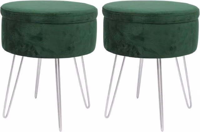 Harbour Housewares Set of 2 Green Velvet Cylindrical Storage Footstools with Silver Legs