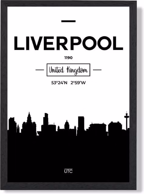 ARTZE Liverpool Black and White City Skyline Framed Print, A4
