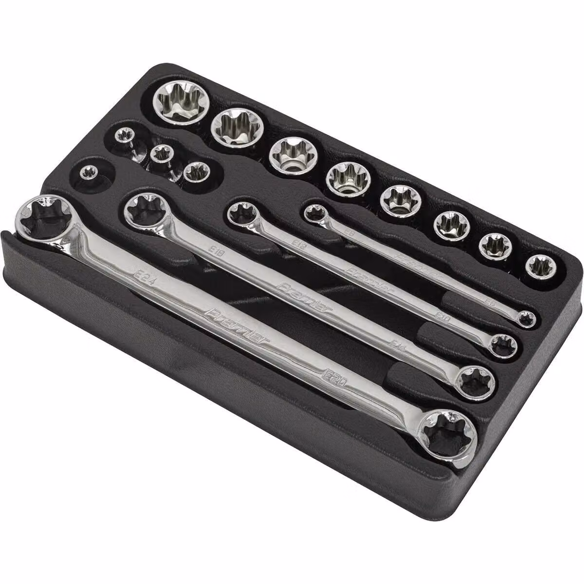 Loops 16 Pack TRX Star Socket and Spanner Set, 3/8 inch Square Drive, Chrome Vanadium Steel, Silver – 3