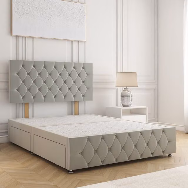 BSSPOKE Mulberry Super King Divan Bed in Silver Velvet with 24 inch Headboard and 2 Drawers