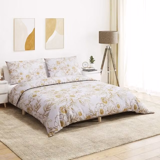 Berkfield Home Cotton Duvet Cover and Pillowcase Set in White and Brown Floral Design, W: 140 cm, L: 200 cm