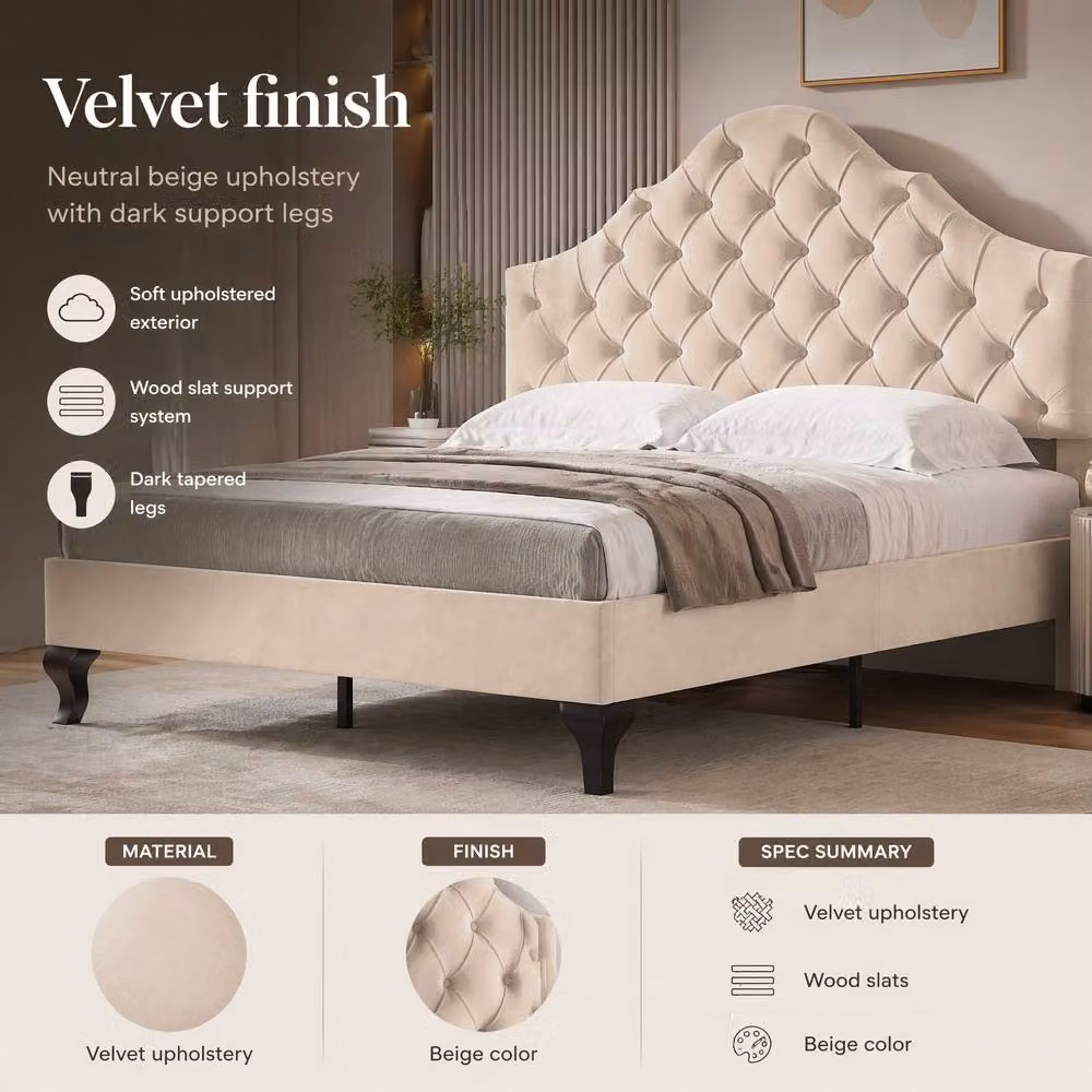 STILVORA Beige Velvet Upholstered Double Bed with Adjustable Headboard W: 140 cm, D: 200 cm, H: 135 cm – 4