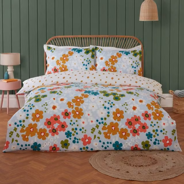 Rapport Home Betty Reversible Floral Polyester Duvet Cover and Pillowcase Set in Blue, Orange, Pink and Green, W/D/H: 180 x 200 cm