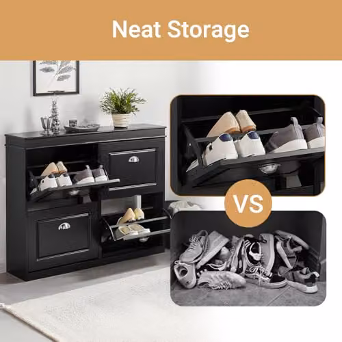 SoBuy Modern Black Shoe Storage Cabinet with Tilting Compartments, W/D/H: 105 x 24 x 82 cm – 3