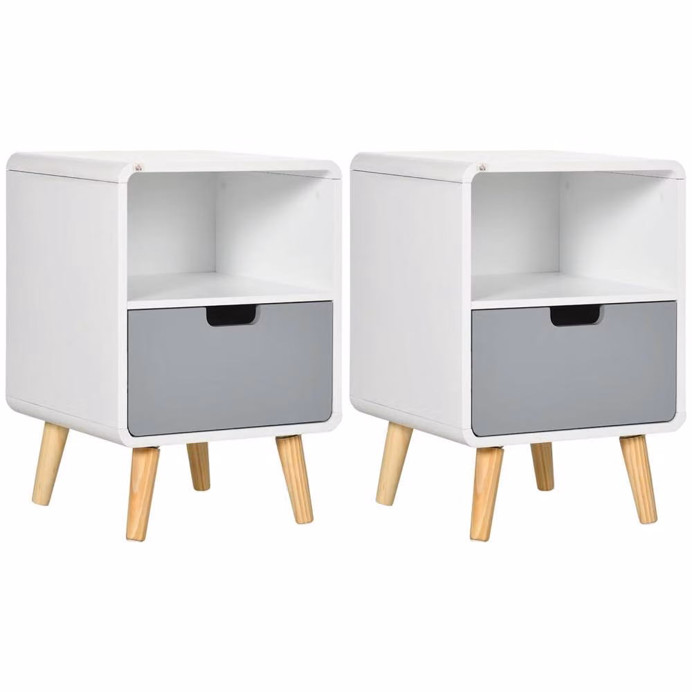 Wyld Haus Neselo Set of 2 Scandinavian Wooden Bedside Tables with Drawer and Shelf, White, W/D/H: 40 x 38 x 58 cm – 2