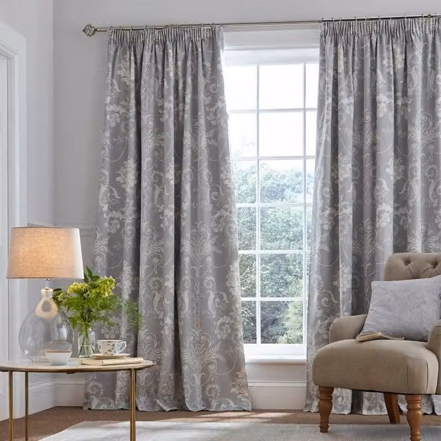 Laura Ashley Josette Plain Blackout Curtains in Silver Grey Cotton Pencil Pleat Tape
