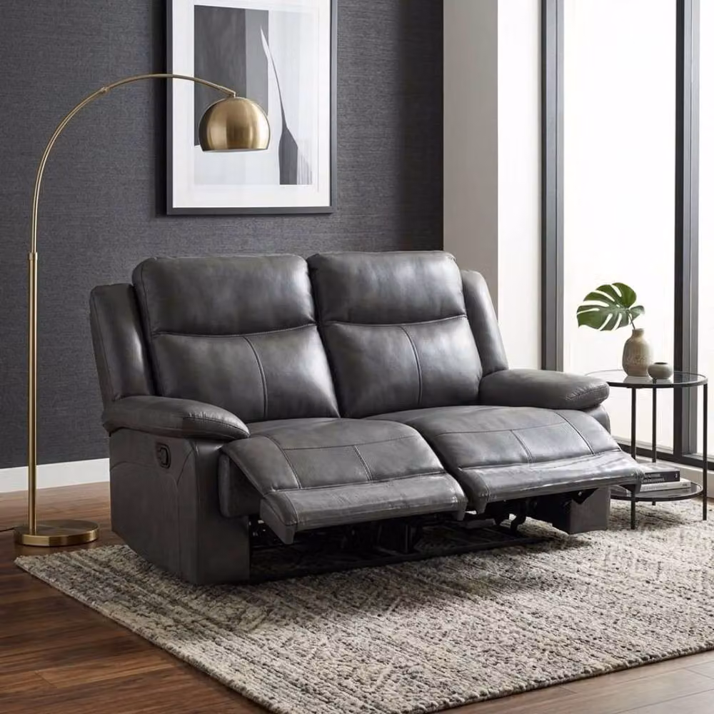 Home Luxe Interior Casper 2 Seater Manual Recliner Sofa in Grey Leather, W/D/H: 120 x 100 x 100 cm – 5