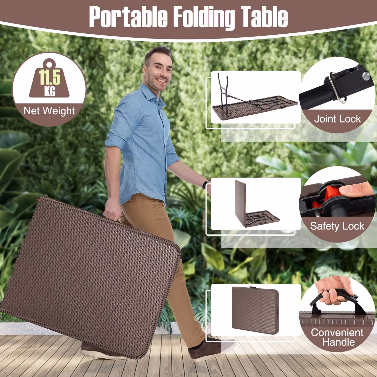 Costway Brown Portable Folding Dining and Camping Table, W: 180 cm, D: 74 cm, H: 74 cm – 4