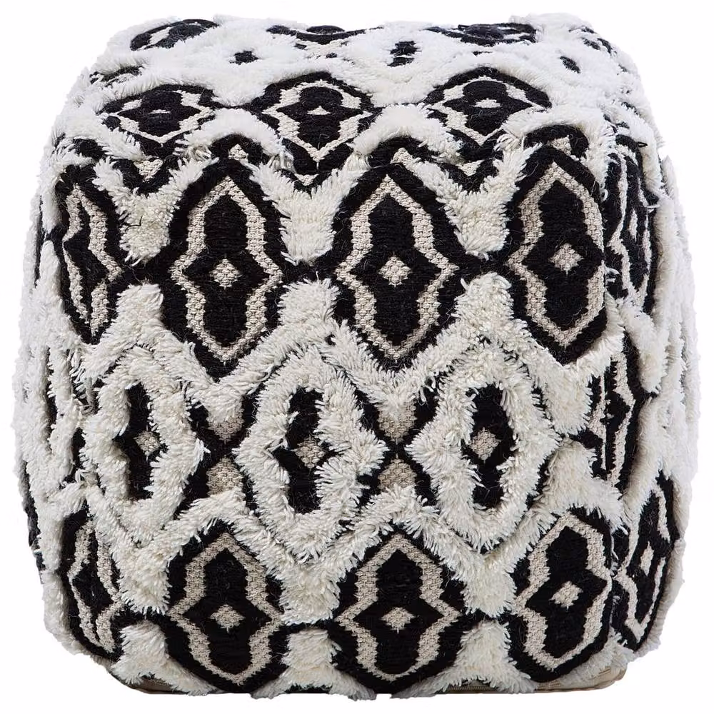 Wyld and Coco Boho Geometric Wool and Cotton Pouffe, Black and White, W/D/H: 45 x 45 x 45 cm – 4